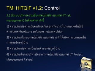 5.3 มีระบบบริหารความเสี่ยงเทคโนโลยีสารสนเทศ (IT risk
management) ในด้านต่างๆ ดังนี้
1) ความเสี่ยงต่อความมั่นคงปลอดภัยของทรัพยากรในระบบเทคโนโลยี
สารสนเทศ (hardware software network data)
2) ความเสี่ยงที่ระบบเทคโนโลยีสารสนเทศอาจทาให้เกิดความบกพร่องใน
การดูแลรักษาผู้ป่วย
3) ความเสี่ยงต่อความเป็นส่วนตัวของข้อมูลผู้ป่วย
4) ความเสี่ยงในการบริหารโครงการเทคโนโลยีสารสนเทศ (IT Project
Management Failure)
TMI HITQIF v1.2: Control
 
