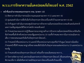 • หน้าที่และอานาจของคณะกรรมการ กกม. (มาตรา 13)
(1) ติดตามการดาเนินการตามนโยบายและแผนตามมาตรา 9 (1) และมาตรา 42
(2) ดูแลและดาเนินการเพื่อรับมือกับภัยคุกคามทางไซเบอร์ในระดับร้ายแรงตามมาตรา 61-66
(3) กากับดูแลการดาเนินงานของศูนย์ประสานการรักษาความมั่นคงปลอดภัยระบบคอมพิวเตอร์แห่งชาติ
และการเผชิญเหตุและนิติวิทยาศาสตร์ทางคอมพิวเตอร์
(4) กาหนดประมวลแนวทางปฏิบัติและกรอบมาตรฐานด้านการรักษาความมั่นคงปลอดภัยไซเบอร์อันเป็น
ข้อกาหนดขั้นต่าสาหรับหน่วยงานของรัฐและหน่วยงาน CII รวมทั้งกาหนดมาตรการในการประเมินความ
เสี่ยง การตอบสนองและรับมือกับภัยคุกคามทางไซเบอร์...
(5) กาหนดหน้าที่ของหน่วยงาน CII และหน้าที่ของหน่วยงานควบคุมหรือกากับดูแล โดยอย่างน้อยต้อง
กาหนดหน้าที่ให้กาหนดมาตรฐานที่เหมาะสมเพื่อรับมือกับภัยคุกคามของแต่ละหน่วยงาน CII และหน่วยงาน
ของรัฐ
(6) กาหนดระดับของภัยคุกคามทางไซเบอร์ พร้อมทั้งรายละเอียดของมาตรการ...
(7) วิเคราะห์สถานการณ์ และประเมินผลกระทบจากภัยคุกคามทางไซเบอร์ เพื่อเสนอต่อคณะกรรมการ
พิจารณาสั่งการ เมื่อมีหรือคาดว่าจะมีภัยคุกคามทางไซเบอร์ในระดับร้ายแรงขึ้น
พ.ร.บ.การรักษาความมั่นคงปลอดภัยไซเบอร์ พ.ศ. 2562
 