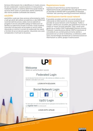 L'azione di innovazione che ha portato a questi risultati ha ricevuto ﬁnanziamenti dal programma di ricerca e innovazione Horizon 2020 dell'Unione
europea nell'ambito del Grant Agreement No. 732049 - Up2U
fornisce informazioni che si identiﬁcano in modo univoco
(le loro credenziali). L'autorizzazione è il meccanismo
mediante il quale un sistema determina quale livello di
accesso deve avere un particolare utente autenticato
alle risorse protette controllate dal sistema.
eduGAIN
eduGAIN è usato per dare accesso all'ecosistema Up2U
a tutti gli utenti del settore accademico e alle NREN (reti
nazionali dell’istruzione e della ricerca) aderenti al
progetto.Il servizio eduGAIN collega le federazioni di
identità accademiche di tutto il mondo e aiuta studenti,
ricercatori ed educatori ad accedere ai servizi online
riducendo al minimo il numero di credenziali che utenti
e fornitori di servizi devono gestire, riducendo così costi,
complessità e rischi per la sicurezza.
Registrazione locale
Il portale di Up2U fornisce anche l'opzione di
registrazione locale, permettendo così agli utenti senza
un provider di identità (IdP) la possibilità di diventare
"membro" del Learning Learning Environment (NGDLE).
Autenticazione tramite social network
È possibile accedere ad Up2U via social network.
Utilizzando le informazioni di accesso esistenti da un
provider di social network come Facebook, Twitter o
Google, l'utente può accedere alla piattaforma invece di
creare un nuovo account speciﬁco. Tutti i canali sono
gestiti da un livello LDAP (Lightweight Directory Access
Protocol). L'autenticazione utente LDAP è il processo di
convalida di una combinazione di nome utente e
password con un server di directory. Le directory LDAP
sono una tecnologia standard per la memorizzazione di
informazioni su utenti, gruppi e autorizzazioni.
 