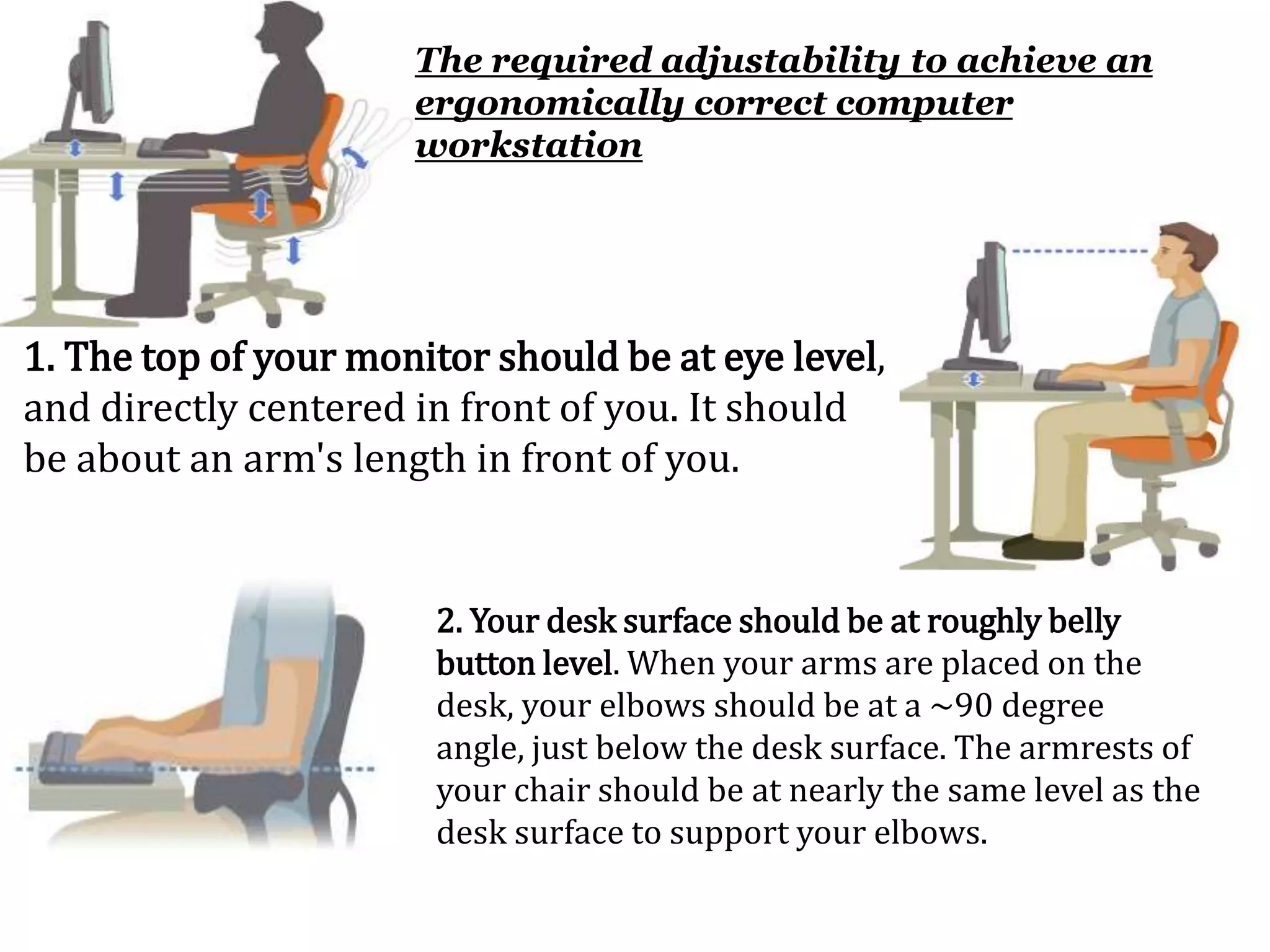 The required adjustability to achieve an
                      ergonomically correct computer
                      workstation




1. The top of your monitor should be at eye level,
and directly centered in front of you. It should
be about an arm's length in front of you.


                       2. Your desk surface should be at roughly belly
                       button level. When your arms are placed on the
                       desk, your elbows should be at a ~90 degree
                       angle, just below the desk surface. The armrests of
                       your chair should be at nearly the same level as the
                       desk surface to support your elbows.
 