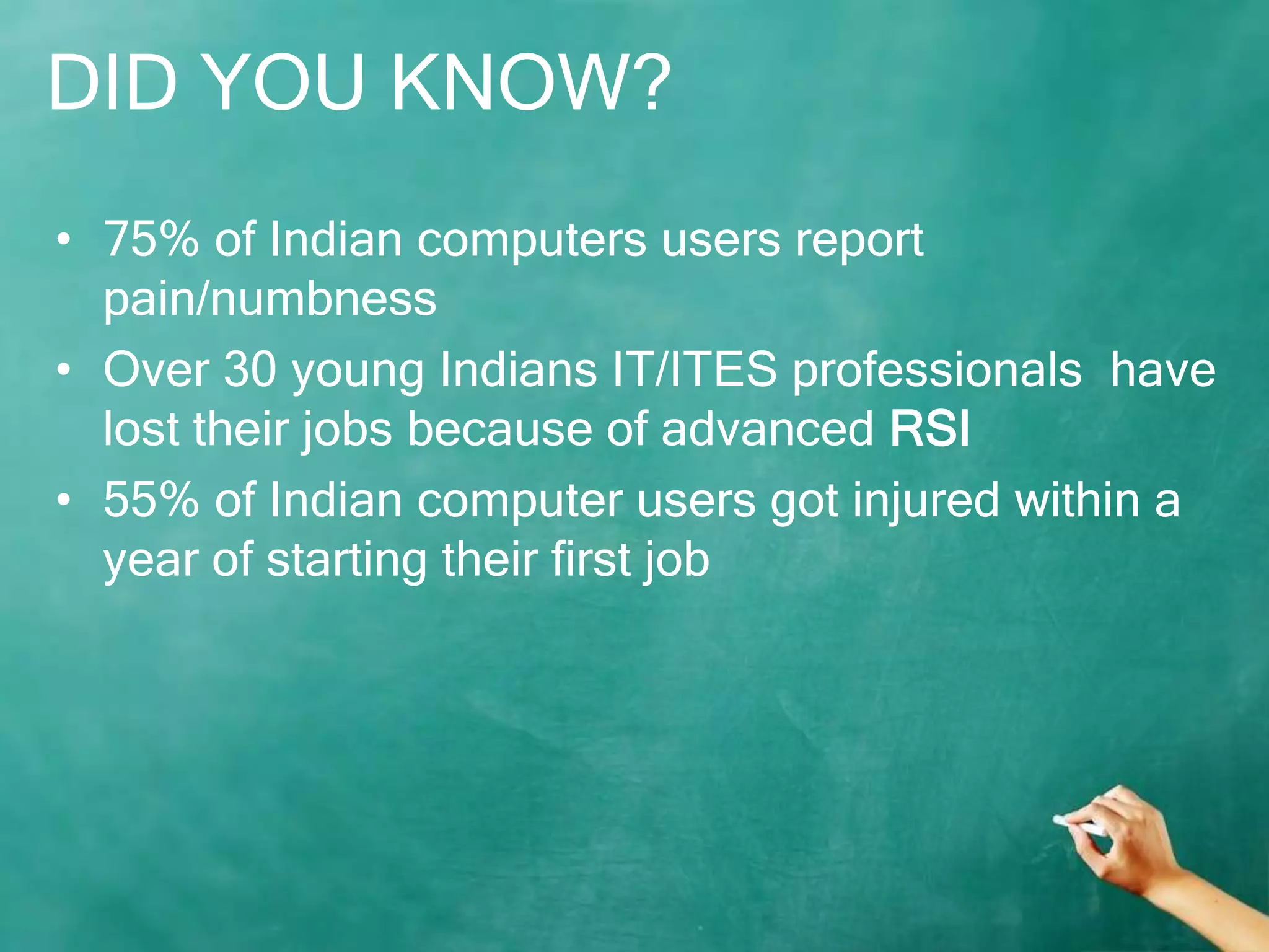 DID YOU KNOW?
• 75% of Indian computers users report
  pain/numbness
• Over 30 young Indians IT/ITES professionals have
  lost their jobs because of advanced RSI
• 55% of Indian computer users got injured within a
  year of starting their first job
 