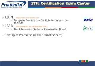 PRUDENTIAL – SOLUTIONS FOR PROJECT SUCCESS
ITIL Certification Exam Center
• EXIN http://www.exin-exams.com
• European Examination Institute for Information
Science
• ISEB http://www.bcs.org.uk/iseb/ism2.htm
• The Information Systems Examination Board
• Testing at Prometric (www.prometric.com)
 