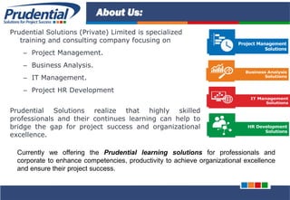 PRUDENTIAL – SOLUTIONS FOR PROJECT SUCCESS
About Us:
Prudential Solutions (Private) Limited is specialized
training and consulting company focusing on
– Project Management.
– Business Analysis.
– IT Management.
– Project HR Development
Prudential Solutions realize that highly skilled
professionals and their continues learning can help to
bridge the gap for project success and organizational
excellence.
Currently we offering the Prudential learning solutions for professionals and
corporate to enhance competencies, productivity to achieve organizational excellence
and ensure their project success.
 
