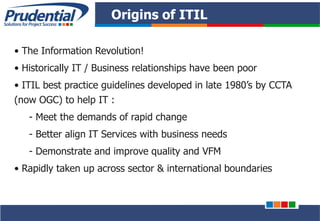PRUDENTIAL – SOLUTIONS FOR PROJECT SUCCESS
Origins of ITIL
• The Information Revolution!
• Historically IT / Business relationships have been poor
• ITIL best practice guidelines developed in late 1980’s by CCTA
(now OGC) to help IT :
- Meet the demands of rapid change
- Better align IT Services with business needs
- Demonstrate and improve quality and VFM
• Rapidly taken up across sector & international boundaries
 