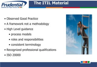 PRUDENTIAL – SOLUTIONS FOR PROJECT SUCCESS
The ITIL Material
• Observed Good Practice
• A framework not a methodology
• High Level guidance
• process models
• roles and responsibilities
• consistent terminology
• Recognized professional qualifications
• ISO 20000
 