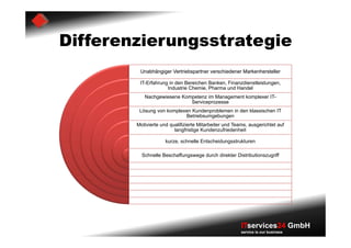 Differenzierungsstrategie
         Unabhängiger Vertriebspartner verschiedener Markenhersteller

         IT-Erfahrung in den Bereichen Banken, Finanzdienstleistungen,
                     Industrie Chemie, Pharma und Handel
           Nachgewiesene Kompetenz im Management komplexer IT-
                            Serviceprozesse
         Lösung von komplexen Kundenproblemen in den klassischen IT
                           Betriebsumgebungen
        Motivierte und qualifizierte Mitarbeiter und Teams, ausgerichtet auf
                         langfristige Kundenzufriedenheit

                     kurze, schnelle Entscheidungsstrukturen

          Schnelle Beschaffungswege durch direkter Distributionszugriff




                                                        ITservices24 GmbH
                                                        service is our business
 