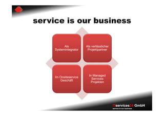 service is our business


           Als          Als verlässlicher
     Systemintegrator    Projektpartner




                          In Managed
     Im Onsiteservice
                            Services
        Geschäft
                           Projekten




                                            ITservices24 GmbH
                                            service is our business
 