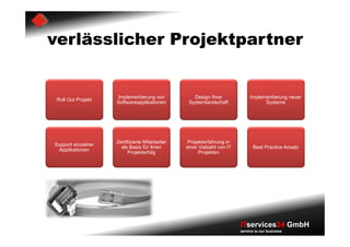 verlässlicher Projektpartner


                    Implementierung von            Design Ihrer              Implementierung neuer
 Roll Out Projekt
                    Softwareapplikationen        Systemlandschaft                  Systeme




                    Zertifizierte Mitarbeiter    Projekterfahrung in
Support einzelner
                      als Basis für Ihren       einer Vielzahl von IT         Best Practice Ansatz
 Applikationen
                          Projekterfolg               Projekten




                                                                        ITservices24 GmbH
                                                                        service is our business
 