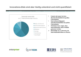 Innovations-Ziele sind aber häufig unkonkret und nicht quantifiziert



                        Innovationsziele                              •   Umsatz mit neuen Services
              (n=177, Mehrfachnennungen möglich)                          überdurchschnittlich bei großen
                                                                          Unternehmen
                   31
                                                                      •   Innovationserfolgsquote
              34                                                          unterdurchschnittlich bei großen
                                           Umsatz neue Services
                                                                          Unternehmen
         37                                Innovationserfolgsquote    •   Tiefeninterviews zeigen, dass
                             150           Dauer Serviceentwicklung       Innovationsziele selten wirklich
                                           F&E-Quote                      gemessen werden.
    63                                     Sonstiges                     Demzufolge ist es schwierig, die
                                           keine Relevanz
                                                                          Innovationsaktivitäten zu steuern.
                                           keine Angabe
                   85
 