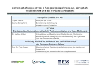 Gemeinschaftsprojekt von 3 Kooperationspartnern aus Wirtschaft,
          Wissenschaft und der Verbandslandschaft:

                              enterpriser GmbH & Co. KG.
Jürgen Samuel                Initiatoren der Studie
Gudrun Schlaphorst           Durchführung der Befragung
                             Auswertung und Publikation
                                  BITKOM
 Bundesverband Informationswirtschaft, Telekommunikation und Neue-Medien e.V.
Dr. Mathias Weber            Unterstützung und Begleitung der Studie über die Arbeitskreise
                             Mitwirkung bei der Befragung und Veröffentlichung der Ergebnisse
                             über die Gremien des BITKOM
                 Strascheg Institute for Innovation and Entrepreneurship
                             der European Business School
Prof. Dr. Peter Russo        Mitwirkung bei der Gestaltung der Befragung und der statistischen
                             Auswertung
                             Sicherstellung der wissenschaftlichen Vorgehensweise
 