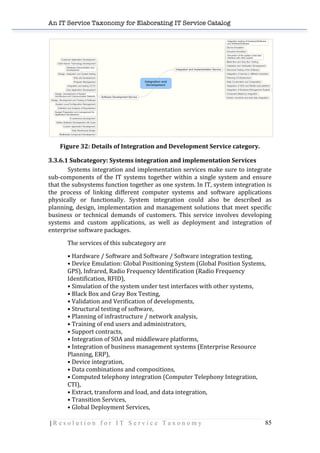 An IT Service Taxonomy for Elaborating IT Service Catalog
| R e s o l u t i o n f o r I T S e r v i c e T a x o n o m y 85	
  
	
  
Figure	
  32:	
  Details	
  of	
  Integration	
  and	
  Development	
  Service	
  category.	
  
3.3.6.1	
  Subcategory:	
  Systems	
  integration	
  and	
  implementation	
  Services	
  	
  
Systems	
  integration	
  and	
  implementation	
  services	
  make	
  sure	
  to	
  integrate	
  
sub-­‐components	
  of	
  the	
  IT	
  systems	
  together	
  within	
  a	
  single	
  system	
  and	
  ensure	
  
that	
  the	
  subsystems	
  function	
  together	
  as	
  one	
  system.	
  In	
  IT,	
  system	
  integration	
  is	
  
the	
   process	
   of	
   linking	
   different	
   computer	
   systems	
   and	
   software	
   applications	
  
physically	
   or	
   functionally.	
   System	
   integration	
   could	
   also	
   be	
   described	
   as	
  
planning,	
  design,	
  implementation	
  and	
  management	
  solutions	
  that	
  meet	
  specific	
  
business	
   or	
   technical	
   demands	
   of	
   customers.	
   This	
   service	
   involves	
   developing	
  
systems	
   and	
   custom	
   applications,	
   as	
   well	
   as	
   deployment	
   and	
   integration	
   of	
  
enterprise	
  software	
  packages.	
  
The	
  services	
  of	
  this	
  subcategory	
  are	
  
•	
  Hardware	
  /	
  Software	
  and	
  Software	
  /	
  Software	
  integration	
  testing,	
  
•	
  Device	
  Emulation:	
  Global	
  Positioning	
  System	
  (Global	
  Position	
  Systems,	
  
GPS),	
  Infrared,	
  Radio	
  Frequency	
  Identification	
  (Radio	
  Frequency	
  
Identification,	
  RFID),	
  
•	
  Simulation	
  of	
  the	
  system	
  under	
  test	
  interfaces	
  with	
  other	
  systems,	
  
•	
  Black	
  Box	
  and	
  Gray	
  Box	
  Testing,	
  
•	
  Validation	
  and	
  Verification	
  of	
  developments,	
  
•	
  Structural	
  testing	
  of	
  software,	
  
•	
  Planning	
  of	
  infrastructure	
  /	
  network	
  analysis,	
  
•	
  Training	
  of	
  end	
  users	
  and	
  administrators,	
  
•	
  Support	
  contracts,	
  
•	
  Integration	
  of	
  SOA	
  and	
  middleware	
  platforms,	
  
•	
  Integration	
  of	
  business	
  management	
  systems	
  (Enterprise	
  Resource	
  
Planning,	
  ERP),	
  
•	
  Device	
  integration,	
  
•	
  Data	
  combinations	
  and	
  compositions,	
  
•	
  Computed	
  telephony	
  integration	
  (Computer	
  Telephony	
  Integration,	
  
CTI),	
  
•	
  Extract,	
  transform	
  and	
  load,	
  and	
  data	
  integration,	
  
•	
  Transition	
  Services,	
  
•	
  Global	
  Deployment	
  Services,	
  
 