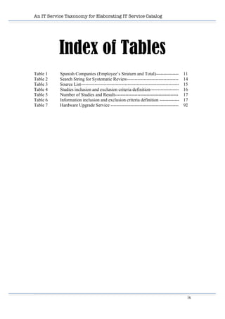An IT Service Taxonomy for Elaborating IT Service Catalog
ix	
  
Index of Tables
	
  
Table 1 Spanish Companies (Employee’s Straturn and Total)--------------- 11
Table 2 Search String for Systematic Review---------------------------------- 14
Table 3 Source List----------------------------------------------------------------- 15
Table 4 Studies inclusion and exclusion criteria definition------------------- 16
Table 5 Number of Studies and Result------------------------------------------ 17
Table 6 Information inclusion and exclusion criteria definition ------------- 17
Table 7 Hardware Upgrade Service --------------------------------------------- 92
	
  
 
