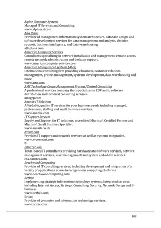 108	
  
Alpine	
  Computer	
  Systems	
  	
  
Managed	
  IT	
  Services	
  and	
  Consulting.	
  	
  
www.alpinecsi.com	
  	
  
Alta	
  Plana	
  	
  
Provider	
  of	
  management	
  information	
  system	
  architecture,	
  database	
  design,	
  and	
  
software	
  development	
  services	
  for	
  data	
  management	
  and	
  analysis,	
  decision	
  
support,	
  business	
  intelligence,	
  and	
  data	
  warehousing.	
  	
  
altaplana.com	
  	
  
American	
  Computer	
  Services	
  	
  
Consultants	
  specializing	
  in	
  network	
  installation	
  and	
  management,	
  remote	
  access,	
  
remote	
  network	
  administration	
  and	
  desktop	
  support.	
  	
  
www.americancomputerservices.com	
  	
  
American	
  Management	
  Systems	
  (AMS)	
  	
  
International	
  consulting	
  firm	
  providing	
  ebusiness,	
  customer	
  relations	
  
management,	
  project	
  management,	
  systems	
  development,	
  data	
  warehousing	
  and	
  
more.	
  	
  
www.ams.com	
  	
  
AMS	
  Technology	
  Group	
  Management	
  Process/Control	
  Consulting	
  	
  
A	
  professional	
  services	
  company	
  that	
  specializes	
  in	
  EDP	
  audit,	
  software	
  
distribution	
  and	
  technical	
  consulting	
  services.	
  	
  
amsgrp.com	
  	
  
Ananke	
  IT	
  Solutions	
  	
  
Affordable,	
  quality	
  IT	
  services	
  for	
  your	
  business	
  needs	
  including	
  managed,	
  
professional,	
  staffing	
  and	
  small	
  business	
  services.	
  	
  
www.ananke.com	
  	
  
IT	
  Support	
  Services	
  	
  
Supply	
  and	
  Support	
  for	
  IT	
  solutions,	
  accredited	
  Microsoft	
  Certified	
  Partner	
  and	
  
Microsoft	
  Small	
  Business	
  Specialist.	
  	
  
www.ancarb.co.uk	
  	
  
AvcomEast	
  	
  
Provides	
  IT	
  support	
  and	
  network	
  services	
  as	
  well	
  as	
  systems	
  integration.	
  	
  
www.avcomeast.com	
  	
  
B	
  
BancTec,	
  Inc.	
  	
  
Texas-­‐based	
  IT	
  consultants	
  providing	
  hardware	
  and	
  software	
  services,	
  network	
  
management	
  services,	
  asset	
  management	
  and	
  system	
  end-­‐of-­‐life	
  services.	
  	
  
cns.banctec.com	
  	
  
Beechwood	
  Computing	
  	
  
Provider	
  of	
  IT	
  consulting	
  services,	
  including	
  development	
  and	
  integration	
  of	
  a	
  
variety	
  of	
  applications	
  across	
  heterogeneous	
  computing	
  platforms.	
  	
  
www.beechwoodcomputing.com	
  	
  
Berbee	
  	
  
Implementing	
  strategic	
  information	
  technology	
  systems.	
  Integrated	
  services	
  
including	
  Internet	
  Access,	
  Strategic	
  Consulting,	
  Security,	
  Network	
  Design	
  and	
  E-­‐
business.	
  	
  
www.berbee.com	
  	
  
Britec	
  	
  
Provider	
  of	
  computer	
  and	
  information	
  technology	
  services.	
  	
  
www.britec.com	
  	
  
 