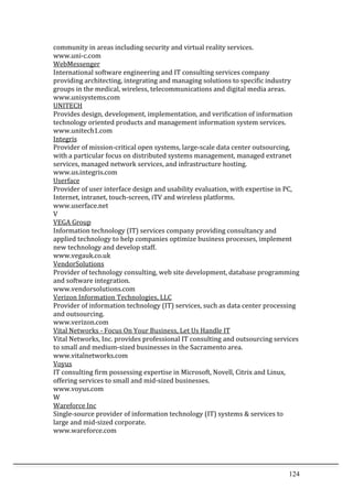 124	
  
community	
  in	
  areas	
  including	
  security	
  and	
  virtual	
  reality	
  services.	
  	
  
www.uni-­‐c.com	
  	
  
WebMessenger	
  	
  
International	
  software	
  engineering	
  and	
  IT	
  consulting	
  services	
  company	
  
providing	
  architecting,	
  integrating	
  and	
  managing	
  solutions	
  to	
  specific	
  industry	
  
groups	
  in	
  the	
  medical,	
  wireless,	
  telecommunications	
  and	
  digital	
  media	
  areas.	
  	
  
www.unisystems.com	
  	
  
UNITECH	
  	
  
Provides	
  design,	
  development,	
  implementation,	
  and	
  verification	
  of	
  information	
  
technology	
  oriented	
  products	
  and	
  management	
  information	
  system	
  services.	
  	
  
www.unitech1.com	
  	
  
Integris	
  	
  
Provider	
  of	
  mission-­‐critical	
  open	
  systems,	
  large-­‐scale	
  data	
  center	
  outsourcing,	
  
with	
  a	
  particular	
  focus	
  on	
  distributed	
  systems	
  management,	
  managed	
  extranet	
  
services,	
  managed	
  network	
  services,	
  and	
  infrastructure	
  hosting.	
  	
  
www.us.integris.com	
  	
  
Userface	
  	
  
Provider	
  of	
  user	
  interface	
  design	
  and	
  usability	
  evaluation,	
  with	
  expertise	
  in	
  PC,	
  
Internet,	
  intranet,	
  touch-­‐screen,	
  iTV	
  and	
  wireless	
  platforms.	
  	
  
www.userface.net	
  	
  
V	
  
VEGA	
  Group	
  	
  
Information	
  technology	
  (IT)	
  services	
  company	
  providing	
  consultancy	
  and	
  
applied	
  technology	
  to	
  help	
  companies	
  optimize	
  business	
  processes,	
  implement	
  
new	
  technology	
  and	
  develop	
  staff.	
  	
  
www.vegauk.co.uk	
  	
  
VendorSolutions	
  	
  
Provider	
  of	
  technology	
  consulting,	
  web	
  site	
  development,	
  database	
  programming	
  
and	
  software	
  integration.	
  	
  
www.vendorsolutions.com	
  	
  
Verizon	
  Information	
  Technologies,	
  LLC	
  	
  
Provider	
  of	
  information	
  technology	
  (IT)	
  services,	
  such	
  as	
  data	
  center	
  processing	
  
and	
  outsourcing.	
  	
  
www.verizon.com	
  	
  
Vital	
  Networks	
  -­‐	
  Focus	
  On	
  Your	
  Business,	
  Let	
  Us	
  Handle	
  IT	
  	
  
Vital	
  Networks,	
  Inc.	
  provides	
  professional	
  IT	
  consulting	
  and	
  outsourcing	
  services	
  
to	
  small	
  and	
  medium-­‐sized	
  businesses	
  in	
  the	
  Sacramento	
  area.	
  	
  
www.vitalnetworks.com	
  	
  
Voyus	
  	
  
IT	
  consulting	
  firm	
  possessing	
  expertise	
  in	
  Microsoft,	
  Novell,	
  Citrix	
  and	
  Linux,	
  
offering	
  services	
  to	
  small	
  and	
  mid-­‐sized	
  businesses.	
  	
  
www.voyus.com	
  	
  
W	
  
Wareforce	
  Inc	
  	
  
Single-­‐source	
  provider	
  of	
  information	
  technology	
  (IT)	
  systems	
  &	
  services	
  to	
  
large	
  and	
  mid-­‐sized	
  corporate.	
  	
  
www.wareforce.com	
  	
  
 