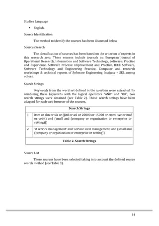 14	
  
Studies	
  Language	
  
• English.	
  
Source	
  Identification	
  
	
   The	
  method	
  to	
  identify	
  the	
  sources	
  has	
  been	
  discussed	
  below	
  
Sources	
  Search	
  
The	
  identification	
  of	
  sources	
  has	
  been	
  based	
  on	
  the	
  criterion	
  of	
  experts	
  in	
  
this	
   research	
   area.	
   These	
   sources	
   include	
   journals	
   as:	
   European	
   Journal	
   of	
  
Operational	
  Research,	
  Information	
  and	
  Software	
  Technology,	
  Software:	
  Practice	
  
and	
   Experience,	
   Software	
   Process:	
   Improvement	
   and	
   Practice,	
   IEEE	
   Software,	
  
Software	
   Technology	
   and	
   Engineering	
   Practice,	
   Computer	
   and	
   research	
  
workshops	
  &	
  technical	
  reports	
  of	
  Software	
  Engineering	
  Institute	
  –	
  SEI,	
  among	
  
others.	
  	
  
Search	
  Strings	
  
	
  Keywords	
  from	
  the	
  word	
  set	
  defined	
  in	
  the	
  question	
  were	
  extracted.	
  By	
  
combining	
   these	
   keywords	
   with	
   the	
   logical	
   operators	
   “AND”	
   and	
   “OR”,	
   two	
  
search	
   strings	
   were	
   obtained	
   (see	
   Table	
   2).	
   These	
   search	
   strings	
   have	
   been	
  
adapted	
  for	
  each	
  web	
  browser	
  of	
  the	
  sources.	
  	
  
Search	
  Strings	
  
1	
   itsm	
  or	
  slm	
  or	
  sla	
  or	
  ((itil	
  or	
  asl	
  or	
  20000	
  or	
  15000	
  or	
  cmmi-­‐svc	
  or	
  mof	
  
or	
   cobit)	
   and	
   (small	
   and	
   (company	
   or	
   organization	
   or	
   enterprise	
   or	
  
setting)))	
  
2	
   ‘it	
  service	
  management‘	
  and	
  'service	
  level	
  management'	
  and	
  (small	
  and	
  
(company	
  or	
  organization	
  or	
  enterprise	
  or	
  setting))	
  
Table	
  2.	
  Search	
  Strings	
  
	
  
Source	
  List	
  
These	
  sources	
  have	
  been	
  selected	
  taking	
  into	
  account	
  the	
  defined	
  source	
  
search	
  method	
  (see	
  Table	
  3).	
  
	
  
	
  
	
  
	
  
	
  
	
  
 