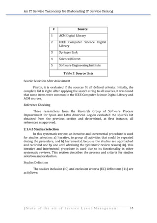An IT Service Taxonomy for Elaborating IT Service Catalog
| S t a t e o f t h e a r t o f S e r v i c e L e v e l M a n a g e m e n t 15	
  
	
  
	
  
	
  
	
  
	
  
	
  
	
  
	
  
Source	
  Selection	
  After	
  Assessment	
  
Firstly,	
   it	
   is	
   evaluated	
   if	
   the	
   sources	
   fit	
   all	
   defined	
   criteria.	
   Initially,	
   the	
  
complete	
  list	
  is	
  right.	
  After	
  applying	
  the	
  search	
  string	
  to	
  all	
  sources,	
  it	
  was	
  found	
  
that	
  some	
  items	
  were	
  common	
  in	
  the	
  IEEE	
  Computer	
  Science	
  Digital	
  Library	
  and	
  
ACM	
  sources.	
  
Reference	
  Checking	
  
Three	
   researchers	
   from	
   the	
   Research	
   Group	
   of	
   Software	
   Process	
  
Improvement	
   for	
   Spain	
   and	
   Latin	
   American	
   Region	
   evaluated	
   the	
   sources	
   list	
  
obtained	
   from	
   the	
   previous	
   section	
   and	
   determined,	
   at	
   first	
   instance,	
   all	
  
references	
  as	
  approved.	
  
2.1.4.5	
  Studies	
  Selection	
  
In	
  this	
  systematic	
  review,	
  an	
  iterative	
  and	
  incremental	
  procedure	
  is	
  used	
  
for	
  studies	
  selection:	
  a)	
  Iterative,	
  to	
  group	
  all	
  activities	
  that	
  could	
  be	
  repeated	
  
during	
  the	
  procedure,	
  and	
  b)	
  Incremental,	
  because	
  the	
  studies	
  are	
  approached	
  
and	
  recorded	
  one	
  by	
  one	
  until	
  obtaining	
  the	
  systematic	
  review	
  results[10].	
  This	
  
iterative	
   and	
   incremental	
   procedure	
   is	
   used	
   due	
   to	
   its	
   functionality	
   in	
   other	
  
systematic	
   reviews.	
   This	
   section	
   describes	
   the	
   process	
   and	
   criteria	
   for	
   studies	
  
selection	
  and	
  evaluation.	
  
Studies	
  Definition	
  
The	
  studies	
  inclusion	
  (IC)	
  and	
  exclusion	
  criteria	
  (EC)	
  definitions	
  [11]	
  are	
  
as	
  follows:	
  
	
  
	
  
	
  
	
  
#	
   Source	
  
1	
   ACM	
  Digital	
  Library	
  	
  
2	
   IEEE	
   Computer	
   Science	
   Digital	
  
Library	
  
3	
   Springer	
  Link	
  
4	
   Science@Direct	
  
5	
   Software	
  Engineering	
  Institute	
  
Table	
  3.	
  Source	
  Lists	
  
 