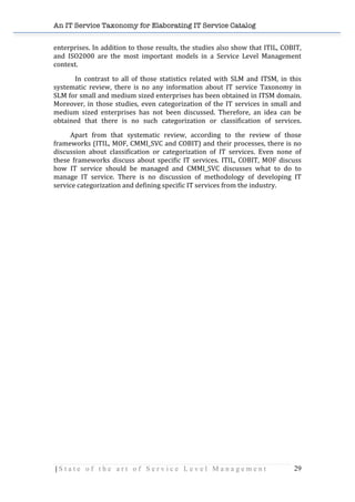 An IT Service Taxonomy for Elaborating IT Service Catalog
| S t a t e o f t h e a r t o f S e r v i c e L e v e l M a n a g e m e n t 29	
  
enterprises.	
  In	
  addition	
  to	
  those	
  results,	
  the	
  studies	
  also	
  show	
  that	
  ITIL,	
  COBIT,	
  
and	
   ISO2000	
   are	
   the	
   most	
   important	
   models	
   in	
   a	
   Service	
   Level	
   Management	
  
context.	
  
In	
   contrast	
   to	
   all	
   of	
   those	
   statistics	
   related	
   with	
   SLM	
   and	
   ITSM,	
   in	
   this	
  
systematic	
   review,	
   there	
   is	
   no	
   any	
   information	
   about	
   IT	
   service	
   Taxonomy	
   in	
  
SLM	
  for	
  small	
  and	
  medium	
  sized	
  enterprises	
  has	
  been	
  obtained	
  in	
  ITSM	
  domain.	
  	
  
Moreover,	
  in	
  those	
  studies,	
  even	
  categorization	
  of	
  the	
  IT	
  services	
  in	
  small	
  and	
  
medium	
   sized	
   enterprises	
   has	
   not	
   been	
   discussed.	
   Therefore,	
   an	
   idea	
   can	
   be	
  
obtained	
   that	
   there	
   is	
   no	
   such	
   categorization	
   or	
   classification	
   of	
   services.
	
   Apart	
   from	
   that	
   systematic	
   review,	
   according	
   to	
   the	
   review	
   of	
   those	
  
frameworks	
  (ITIL,	
  MOF,	
  CMMI_SVC	
  and	
  COBIT)	
  and	
  their	
  processes,	
  there	
  is	
  no	
  
discussion	
   about	
   classification	
   or	
   categorization	
   of	
   IT	
   services.	
   Even	
   none	
   of	
  
these	
  frameworks	
  discuss	
  about	
  specific	
  IT	
  services.	
  ITIL,	
  COBIT,	
  MOF	
  discuss	
  
how	
   IT	
   service	
   should	
   be	
   managed	
   and	
   CMMI_SVC	
   discusses	
   what	
   to	
   do	
   to	
  
manage	
   IT	
   service.	
   There	
   is	
   no	
   discussion	
   of	
   methodology	
   of	
   developing	
   IT	
  
service	
  categorization	
  and	
  defining	
  specific	
  IT	
  services	
  from	
  the	
  industry.	
  	
  
	
  
	
  
	
  
	
  
	
  
	
  
	
  
	
  
	
  
 