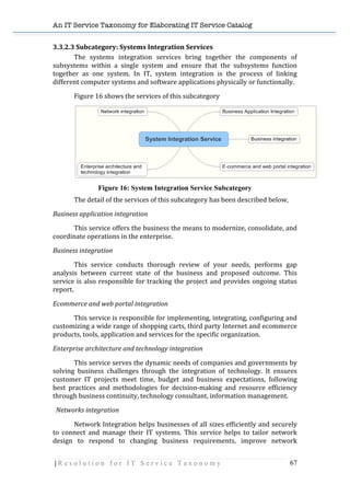An IT Service Taxonomy for Elaborating IT Service Catalog
| R e s o l u t i o n f o r I T S e r v i c e T a x o n o m y 67	
  
3.3.2.3	
  Subcategory:	
  Systems	
  Integration	
  Services	
  
The	
   systems	
   integration	
   services	
   bring	
   together	
   the	
   components	
   of	
  
subsystems	
   within	
   a	
   single	
   system	
   and	
   ensure	
   that	
   the	
   subsystems	
   function	
  
together	
   as	
   one	
   system.	
   In	
   IT,	
   system	
   integration	
   is	
   the	
   process	
   of	
   linking	
  
different	
  computer	
  systems	
  and	
  software	
  applications	
  physically	
  or	
  functionally.	
  	
  
Figure	
  16	
  shows	
  the	
  services	
  of	
  this	
  subcategory	
  
	
  
Figure 16: System Integration Service Subcategory
The	
  detail	
  of	
  the	
  services	
  of	
  this	
  subcategory	
  has	
  been	
  described	
  below,	
  
Business	
  application	
  integration	
  	
  
	
   This	
  service	
  offers	
  the	
  business	
  the	
  means	
  to	
  modernize,	
  consolidate,	
  and	
  
coordinate	
  operations	
  in	
  the	
  enterprise.	
  
Business	
  integration	
  
	
   This	
   service	
   conducts	
   thorough	
   review	
   of	
   your	
   needs,	
   performs	
   gap	
  
analysis	
   between	
   current	
   state	
   of	
   the	
   business	
   and	
   proposed	
   outcome.	
   This	
  
service	
  is	
  also	
  responsible	
  for	
  tracking	
  the	
  project	
  and	
  provides	
  ongoing	
  status	
  
report.	
  	
  
Ecommerce	
  and	
  web	
  portal	
  integration	
  
	
   This	
  service	
  is	
  responsible	
  for	
  implementing,	
  integrating,	
  configuring	
  and	
  
customizing	
  a	
  wide	
  range	
  of	
  shopping	
  carts,	
  third	
  party	
  Internet	
  and	
  ecommerce	
  
products,	
  tools,	
  application	
  and	
  services	
  for	
  the	
  specific	
  organization.	
  	
  
Enterprise	
  architecture	
  and	
  technology	
  integration	
  
	
   This	
  service	
  serves	
  the	
  dynamic	
  needs	
  of	
  companies	
  and	
  governments	
  by	
  
solving	
   business	
   challenges	
   through	
   the	
   integration	
   of	
   technology.	
   It	
   ensures	
  
customer	
   IT	
   projects	
   meet	
   time,	
   budget	
   and	
   business	
   expectations,	
   following	
  
best	
   practices	
   and	
   methodologies	
   for	
   decision-­‐making	
   and	
   resource	
   efficiency	
  
through	
  business	
  continuity,	
  technology	
  consultant,	
  information	
  management.	
  
	
  	
  Networks	
  integration	
  
	
   Network	
  Integration	
  helps	
  businesses	
  of	
  all	
  sizes	
  efficiently	
  and	
  securely	
  
to	
   connect	
   and	
   manage	
   their	
   IT	
   systems.	
   This	
   service	
   helps	
   to	
   tailor	
   network	
  
design	
   to	
   respond	
   to	
   changing	
   business	
   requirements,	
   improve	
   network	
  
 