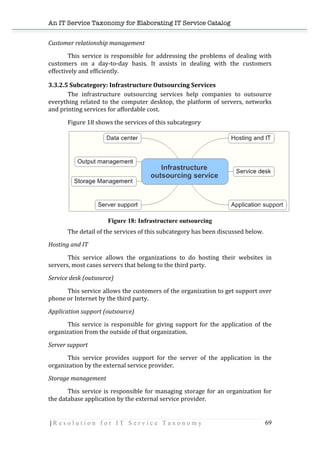 An IT Service Taxonomy for Elaborating IT Service Catalog
| R e s o l u t i o n f o r I T S e r v i c e T a x o n o m y 69	
  
Customer	
  relationship	
  management	
  
	
   This	
   service	
   is	
   responsible	
   for	
   addressing	
   the	
   problems	
   of	
   dealing	
   with	
  
customers	
   on	
   a	
   day-­‐to-­‐day	
   basis.	
   It	
   assists	
   in	
   dealing	
   with	
   the	
   customers	
  
effectively	
  and	
  efficiently.	
  
3.3.2.5	
  Subcategory:	
  Infrastructure	
  Outsourcing	
  Services	
   	
  
The	
   infrastructure	
   outsourcing	
   services	
   help	
   companies	
   to	
   outsource	
  
everything	
  related	
  to	
  the	
  computer	
  desktop,	
  the	
  platform	
  of	
  servers,	
  networks	
  
and	
  printing	
  services	
  for	
  affordable	
  cost.	
  
Figure	
  18	
  shows	
  the	
  services	
  of	
  this	
  subcategory	
  
	
  
Figure 18: Infrastructure outsourcing
The	
  detail	
  of	
  the	
  services	
  of	
  this	
  subcategory	
  has	
  been	
  discussed	
  below.	
  	
  
Hosting	
  and	
  IT	
  
	
   This	
   service	
   allows	
   the	
   organizations	
   to	
   do	
   hosting	
   their	
   websites	
   in	
  
servers,	
  most	
  cases	
  servers	
  that	
  belong	
  to	
  the	
  third	
  party.	
  	
  	
  	
  
Service	
  desk	
  (outsource)	
  
	
   This	
  service	
  allows	
  the	
  customers	
  of	
  the	
  organization	
  to	
  get	
  support	
  over	
  
phone	
  or	
  Internet	
  by	
  the	
  third	
  party.	
  	
  
Application	
  support	
  (outsource)	
  
	
   This	
   service	
   is	
   responsible	
   for	
   giving	
   support	
   for	
   the	
   application	
   of	
   the	
  
organization	
  from	
  the	
  outside	
  of	
  that	
  organization.	
  
Server	
  support	
  
	
   This	
   service	
   provides	
   support	
   for	
   the	
   server	
   of	
   the	
   application	
   in	
   the	
  
organization	
  by	
  the	
  external	
  service	
  provider.	
  
Storage	
  management	
  
This	
  service	
  is	
  responsible	
  for	
  managing	
  storage	
  for	
  an	
  organization	
  for	
  
the	
  database	
  application	
  by	
  the	
  external	
  service	
  provider.	
  
 