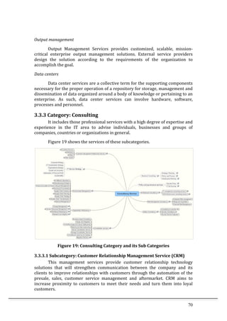 70	
  
	
  
Output	
  management	
  
	
   Output	
   Management	
   Services	
   provides	
   customized,	
   scalable,	
   mission-­‐
critical	
   enterprise	
   output	
   management	
   solutions.	
   External	
   service	
   providers	
  
design	
   the	
   solution	
   according	
   to	
   the	
   requirements	
   of	
   the	
   organization	
   to	
  
accomplish	
  the	
  goal.	
  
Data	
  centers	
  
	
   Data	
  center	
  services	
  are	
  a	
  collective	
  term	
  for	
  the	
  supporting	
  components	
  
necessary	
  for	
  the	
  proper	
  operation	
  of	
  a	
  repository	
  for	
  storage,	
  management	
  and	
  
dissemination	
  of	
  data	
  organized	
  around	
  a	
  body	
  of	
  knowledge	
  or	
  pertaining	
  to	
  an	
  
enterprise.	
   As	
   such,	
   data	
   center	
   services	
   can	
   involve	
   hardware,	
   software,	
  
processes	
  and	
  personnel.	
  
3.3.3	
  Category:	
  Consulting	
  
It	
  includes	
  those	
  professional	
  services	
  with	
  a	
  high	
  degree	
  of	
  expertise	
  and	
  
experience	
   in	
   the	
   IT	
   area	
   to	
   advise	
   individuals,	
   businesses	
   and	
   groups	
   of	
  
companies,	
  countries	
  or	
  organizations	
  in	
  general.	
  
Figure	
  19	
  shows	
  the	
  services	
  of	
  these	
  subcategories.	
  	
  
	
  
Figure	
  19:	
  Consulting	
  Category	
  and	
  its	
  Sub	
  Categories	
  
3.3.3.1	
  Subcategory:	
  Customer	
  Relationship	
  Management	
  Service	
  (CRM)	
  
This	
   management	
   services	
   provide	
   customer	
   relationship	
   technology	
  
solutions	
   that	
   will	
   strengthen	
   communication	
   between	
   the	
   company	
   and	
   its	
  
clients	
  to	
  improve	
  relationships	
  with	
  customers	
  through	
  the	
  automation	
  of	
  the	
  
presale,	
   sales,	
   customer	
   service	
   management	
   and	
   aftermarket.	
   CRM	
   aims	
   to	
  
increase	
  proximity	
  to	
  customers	
  to	
  meet	
  their	
  needs	
  and	
  turn	
  them	
  into	
  loyal	
  
customers.	
  
 