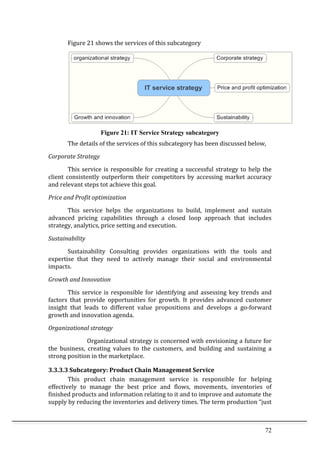 72	
  
Figure	
  21	
  shows	
  the	
  services	
  of	
  this	
  subcategory	
  
	
  
Figure 21: IT Service Strategy subcategory
The	
  details	
  of	
  the	
  services	
  of	
  this	
  subcategory	
  has	
  been	
  discussed	
  below,	
  
Corporate	
  Strategy	
  
	
   This	
  service	
  is	
  responsible	
  for	
  creating	
  a	
  successful	
  strategy	
  to	
  help	
  the	
  
client	
  consistently	
  outperform	
  their	
  competitors	
  by	
  accessing	
  market	
  accuracy	
  
and	
  relevant	
  steps	
  tot	
  achieve	
  this	
  goal.	
  	
  	
  
Price	
  and	
  Profit	
  optimization	
  
	
   This	
   service	
   helps	
   the	
   organizations	
   to	
   build,	
   implement	
   and	
   sustain	
  
advanced	
   pricing	
   capabilities	
   through	
   a	
   closed	
   loop	
   approach	
   that	
   includes	
  
strategy,	
  analytics,	
  price	
  setting	
  and	
  execution.	
  
Sustainability	
  
	
   Sustainability	
   Consulting	
   provides	
   organizations	
   with	
   the	
   tools	
   and	
  
expertise	
   that	
   they	
   need	
   to	
   actively	
   manage	
   their	
   social	
   and	
   environmental	
  
impacts.	
  
Growth	
  and	
  Innovation	
  
	
   This	
  service	
  is	
  responsible	
  for	
  identifying	
  and	
  assessing	
  key	
  trends	
  and	
  
factors	
   that	
   provide	
   opportunities	
   for	
   growth.	
   It	
   provides	
   advanced	
   customer	
  
insight	
   that	
   leads	
   to	
   different	
   value	
   propositions	
   and	
   develops	
   a	
   go-­‐forward	
  
growth	
  and	
  innovation	
  agenda.	
  	
  
Organizational	
  strategy	
  
	
   	
   Organizational	
  strategy	
  is	
  concerned	
  with	
  envisioning	
  a	
  future	
  for	
  
the	
   business,	
   creating	
   values	
   to	
   the	
   customers,	
   and	
   building	
   and	
   sustaining	
   a	
  
strong	
  position	
  in	
  the	
  marketplace.	
  	
  
3.3.3.3	
  Subcategory:	
  Product	
  Chain	
  Management	
  Service	
  
This	
   product	
   chain	
   management	
   service	
   is	
   responsible	
   for	
   helping	
  
effectively	
   to	
   manage	
   the	
   best	
   price	
   and	
   flows,	
   movements,	
   inventories	
   of	
  
finished	
  products	
  and	
  information	
  relating	
  to	
  it	
  and	
  to	
  improve	
  and	
  automate	
  the	
  
supply	
  by	
  reducing	
  the	
  inventories	
  and	
  delivery	
  times.	
  The	
  term	
  production	
  “just	
  
 