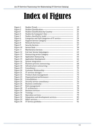 An IT Service Taxonomy for Elaborating IT Service Catalog
vii	
  
Index of Figures
Figure	
  1	
   Studies	
  Trend-­‐-­‐-­‐-­‐-­‐-­‐-­‐-­‐-­‐-­‐-­‐-­‐-­‐-­‐-­‐-­‐-­‐-­‐-­‐-­‐-­‐-­‐-­‐-­‐-­‐-­‐-­‐-­‐-­‐-­‐-­‐-­‐-­‐-­‐-­‐-­‐-­‐-­‐-­‐-­‐-­‐-­‐-­‐-­‐-­‐-­‐-­‐-­‐-­‐-­‐-­‐-­‐-­‐-­‐-­‐-­‐-­‐	
   19	
  
Figure	
  2	
   Studies	
  Classification-­‐-­‐-­‐-­‐-­‐-­‐-­‐-­‐-­‐-­‐-­‐-­‐-­‐-­‐-­‐-­‐-­‐-­‐-­‐-­‐-­‐-­‐-­‐-­‐-­‐-­‐-­‐-­‐-­‐-­‐-­‐-­‐-­‐-­‐-­‐-­‐-­‐-­‐-­‐-­‐-­‐-­‐-­‐-­‐-­‐-­‐-­‐-­‐	
   20	
  
Figure3	
   Studies	
  Classification	
  by	
  Country-­‐-­‐-­‐-­‐-­‐-­‐-­‐-­‐-­‐-­‐-­‐-­‐-­‐-­‐-­‐-­‐-­‐-­‐-­‐-­‐-­‐-­‐-­‐-­‐-­‐-­‐-­‐-­‐-­‐-­‐-­‐-­‐-­‐	
   21	
  
Figure	
  4	
   Studies	
  by	
  Company’s	
  Size-­‐-­‐-­‐-­‐-­‐-­‐-­‐-­‐-­‐-­‐-­‐-­‐-­‐-­‐-­‐-­‐-­‐-­‐-­‐-­‐-­‐-­‐-­‐-­‐-­‐-­‐-­‐-­‐-­‐-­‐-­‐-­‐-­‐-­‐-­‐-­‐-­‐-­‐-­‐-­‐-­‐	
   21	
  
Figure 5 Studies classified by model ----------------------------------------- 22
Figure	
  6	
   Categories	
  and	
  Sub	
  Categories	
  of	
  IT	
  service-­‐-­‐-­‐-­‐-­‐-­‐-­‐-­‐-­‐-­‐-­‐-­‐-­‐-­‐-­‐-­‐-­‐-­‐-­‐-­‐	
   54	
  
Figure	
  7	
   Support	
  Service	
  Category-­‐-­‐-­‐-­‐-­‐-­‐-­‐-­‐-­‐-­‐-­‐-­‐-­‐-­‐-­‐-­‐-­‐-­‐-­‐-­‐-­‐-­‐-­‐-­‐-­‐-­‐-­‐-­‐-­‐-­‐-­‐-­‐-­‐-­‐-­‐-­‐-­‐-­‐-­‐-­‐-­‐-­‐	
   54	
  
Figure	
  8	
   Network	
  Services-­‐-­‐-­‐-­‐-­‐-­‐-­‐-­‐-­‐-­‐-­‐-­‐-­‐-­‐-­‐-­‐-­‐-­‐-­‐-­‐-­‐-­‐-­‐-­‐-­‐-­‐-­‐-­‐-­‐-­‐-­‐-­‐-­‐-­‐-­‐-­‐-­‐-­‐-­‐-­‐-­‐-­‐-­‐-­‐-­‐-­‐-­‐-­‐-­‐-­‐-­‐-­‐	
   56	
  
Figure	
  9	
   Security	
  Services-­‐-­‐-­‐-­‐-­‐-­‐-­‐-­‐-­‐-­‐-­‐-­‐-­‐-­‐-­‐-­‐-­‐-­‐-­‐-­‐-­‐-­‐-­‐-­‐-­‐-­‐-­‐-­‐-­‐-­‐-­‐-­‐-­‐-­‐-­‐-­‐-­‐-­‐-­‐-­‐-­‐-­‐-­‐-­‐-­‐-­‐-­‐-­‐-­‐-­‐-­‐-­‐-­‐-­‐-­‐-­‐-­‐-­‐-­‐	
   57	
  
Figure	
  10	
   Service	
  Desk-­‐-­‐-­‐-­‐-­‐-­‐-­‐-­‐-­‐-­‐-­‐-­‐-­‐-­‐-­‐-­‐-­‐-­‐-­‐-­‐-­‐-­‐-­‐-­‐-­‐-­‐-­‐-­‐-­‐-­‐-­‐-­‐-­‐-­‐-­‐-­‐-­‐-­‐-­‐-­‐-­‐-­‐-­‐-­‐-­‐-­‐-­‐-­‐-­‐-­‐-­‐-­‐-­‐-­‐-­‐-­‐-­‐-­‐-­‐-­‐-­‐-­‐-­‐-­‐-­‐	
   58	
  
Figure 11 Maintenance	
  Services-­‐-­‐-­‐-­‐-­‐-­‐-­‐-­‐-­‐-­‐-­‐-­‐-­‐-­‐-­‐-­‐-­‐-­‐-­‐-­‐-­‐-­‐-­‐-­‐-­‐-­‐-­‐-­‐-­‐-­‐-­‐-­‐-­‐-­‐-­‐-­‐-­‐-­‐-­‐-­‐-­‐-­‐-­‐-­‐-­‐-­‐-­‐-­‐-­‐-­‐-­‐-­‐	
   59
Figure	
  12	
   End	
  User	
  Service	
  Subcategory-­‐-­‐-­‐-­‐-­‐-­‐-­‐-­‐-­‐-­‐-­‐-­‐-­‐-­‐-­‐-­‐-­‐-­‐-­‐-­‐-­‐-­‐-­‐-­‐-­‐-­‐-­‐-­‐-­‐-­‐-­‐-­‐-­‐-­‐-­‐-­‐-­‐-­‐-­‐-­‐-­‐-­‐	
   63	
  
Figure	
  13	
   Outsourcing	
  service	
  Category-­‐-­‐-­‐-­‐-­‐-­‐-­‐-­‐-­‐-­‐-­‐-­‐-­‐-­‐-­‐-­‐-­‐-­‐-­‐-­‐-­‐-­‐-­‐-­‐-­‐-­‐-­‐-­‐-­‐-­‐-­‐-­‐-­‐-­‐-­‐-­‐-­‐-­‐-­‐-­‐-­‐-­‐	
   64	
  
Figure	
  14	
   Application	
  Outsourcing	
  -­‐-­‐-­‐-­‐-­‐-­‐-­‐-­‐-­‐-­‐-­‐-­‐-­‐-­‐-­‐-­‐-­‐-­‐-­‐-­‐-­‐-­‐-­‐-­‐-­‐-­‐-­‐-­‐-­‐-­‐-­‐-­‐-­‐-­‐-­‐-­‐-­‐-­‐-­‐-­‐-­‐-­‐-­‐-­‐-­‐-­‐-­‐-­‐	
   65	
  
Figure	
  15	
   Application	
  Development-­‐-­‐-­‐-­‐-­‐-­‐-­‐-­‐-­‐-­‐-­‐-­‐-­‐-­‐-­‐-­‐-­‐-­‐-­‐-­‐-­‐-­‐-­‐-­‐-­‐-­‐-­‐-­‐-­‐-­‐-­‐-­‐-­‐-­‐-­‐-­‐-­‐-­‐-­‐-­‐-­‐-­‐-­‐-­‐-­‐-­‐-­‐	
   66	
  
Figure	
  16	
   System	
  integration-­‐-­‐-­‐-­‐-­‐-­‐-­‐-­‐-­‐-­‐-­‐-­‐-­‐-­‐-­‐-­‐-­‐-­‐-­‐-­‐-­‐-­‐-­‐-­‐-­‐-­‐-­‐-­‐-­‐-­‐-­‐-­‐-­‐-­‐-­‐-­‐-­‐-­‐-­‐-­‐-­‐-­‐-­‐-­‐-­‐-­‐-­‐-­‐-­‐-­‐-­‐	
   67	
  
Figure	
  17	
   	
   Business	
  process	
  outsourcing-­‐-­‐-­‐-­‐-­‐-­‐-­‐-­‐-­‐-­‐-­‐-­‐-­‐-­‐-­‐-­‐-­‐-­‐-­‐-­‐-­‐-­‐-­‐-­‐-­‐-­‐-­‐-­‐-­‐-­‐-­‐-­‐-­‐-­‐-­‐-­‐-­‐	
   68	
  
Figure	
  18	
   Infrastructure	
  outsourcing-­‐-­‐-­‐-­‐-­‐-­‐-­‐-­‐-­‐-­‐-­‐-­‐-­‐-­‐-­‐-­‐-­‐-­‐-­‐-­‐-­‐-­‐-­‐-­‐-­‐-­‐-­‐-­‐-­‐-­‐-­‐-­‐-­‐-­‐-­‐-­‐-­‐-­‐-­‐-­‐-­‐	
   69	
  
Figure	
  19	
   Consultancy-­‐-­‐-­‐-­‐-­‐-­‐-­‐-­‐-­‐-­‐-­‐-­‐-­‐-­‐-­‐-­‐-­‐-­‐-­‐-­‐-­‐-­‐-­‐-­‐-­‐-­‐-­‐-­‐-­‐-­‐-­‐-­‐-­‐-­‐-­‐-­‐-­‐-­‐-­‐-­‐-­‐-­‐-­‐-­‐-­‐-­‐-­‐-­‐-­‐-­‐-­‐-­‐-­‐-­‐-­‐-­‐-­‐-­‐-­‐	
   70	
  
Figure	
  20	
   Customer	
  Relationship-­‐-­‐-­‐-­‐-­‐-­‐-­‐-­‐-­‐-­‐-­‐-­‐-­‐-­‐-­‐-­‐-­‐-­‐-­‐-­‐-­‐-­‐-­‐-­‐-­‐-­‐-­‐-­‐-­‐-­‐-­‐-­‐-­‐-­‐-­‐-­‐-­‐-­‐-­‐-­‐-­‐-­‐-­‐-­‐-­‐-­‐	
   71	
  
Figure	
  21	
   IT	
  services	
  storages-­‐-­‐-­‐-­‐-­‐-­‐-­‐-­‐-­‐-­‐-­‐-­‐-­‐-­‐-­‐-­‐-­‐-­‐-­‐-­‐-­‐-­‐-­‐-­‐-­‐-­‐-­‐-­‐-­‐-­‐-­‐-­‐-­‐-­‐-­‐-­‐-­‐-­‐-­‐-­‐-­‐-­‐-­‐-­‐-­‐-­‐-­‐-­‐-­‐-­‐	
   72	
  
Figure	
  22	
   Product	
  chain	
  management-­‐-­‐-­‐-­‐-­‐-­‐-­‐-­‐-­‐-­‐-­‐-­‐-­‐-­‐-­‐-­‐-­‐-­‐-­‐-­‐-­‐-­‐-­‐-­‐-­‐-­‐-­‐-­‐-­‐-­‐-­‐-­‐-­‐-­‐-­‐-­‐-­‐-­‐-­‐-­‐	
   73	
  
Figure	
  23	
   Organizational	
  performance-­‐-­‐-­‐-­‐-­‐-­‐-­‐-­‐-­‐-­‐-­‐-­‐-­‐-­‐-­‐-­‐-­‐-­‐-­‐-­‐-­‐-­‐-­‐-­‐-­‐-­‐-­‐-­‐-­‐-­‐-­‐-­‐-­‐-­‐-­‐-­‐-­‐-­‐-­‐	
   74	
  
Figure	
  24	
   Consolidation-­‐-­‐-­‐-­‐-­‐-­‐-­‐-­‐-­‐-­‐-­‐-­‐-­‐-­‐-­‐-­‐-­‐-­‐-­‐-­‐-­‐-­‐-­‐-­‐-­‐-­‐-­‐-­‐-­‐-­‐-­‐-­‐-­‐-­‐-­‐-­‐-­‐-­‐-­‐-­‐-­‐-­‐-­‐-­‐-­‐-­‐-­‐-­‐-­‐-­‐-­‐-­‐-­‐-­‐-­‐-­‐-­‐	
   75	
  
Figure	
  25	
   Security	
  service	
  consultancy-­‐-­‐-­‐-­‐-­‐-­‐-­‐-­‐-­‐-­‐-­‐-­‐-­‐-­‐-­‐-­‐-­‐-­‐-­‐-­‐-­‐-­‐-­‐-­‐-­‐-­‐-­‐-­‐-­‐-­‐-­‐-­‐-­‐-­‐-­‐-­‐-­‐-­‐	
   76	
  
Figure	
  26	
   Business	
  continuity-­‐-­‐-­‐-­‐-­‐-­‐-­‐-­‐-­‐-­‐-­‐-­‐-­‐-­‐-­‐-­‐-­‐-­‐-­‐-­‐-­‐-­‐-­‐-­‐-­‐-­‐-­‐-­‐-­‐-­‐-­‐-­‐-­‐-­‐-­‐-­‐-­‐-­‐-­‐-­‐-­‐-­‐-­‐-­‐-­‐-­‐-­‐-­‐-­‐-­‐	
   77	
  
Figure	
  27	
   Risk	
  management-­‐-­‐-­‐-­‐-­‐-­‐-­‐-­‐-­‐-­‐-­‐-­‐-­‐-­‐-­‐-­‐-­‐-­‐-­‐-­‐-­‐-­‐-­‐-­‐-­‐-­‐-­‐-­‐-­‐-­‐-­‐-­‐-­‐-­‐-­‐-­‐-­‐-­‐-­‐-­‐-­‐-­‐-­‐-­‐-­‐-­‐-­‐-­‐-­‐-­‐-­‐-­‐	
   78	
  
Figure	
  28	
   IT	
  architecture-­‐-­‐-­‐-­‐-­‐-­‐-­‐-­‐-­‐-­‐-­‐-­‐-­‐-­‐-­‐-­‐-­‐-­‐-­‐-­‐-­‐-­‐-­‐-­‐-­‐-­‐-­‐-­‐-­‐-­‐-­‐-­‐-­‐-­‐-­‐-­‐-­‐-­‐-­‐-­‐-­‐-­‐-­‐-­‐-­‐-­‐-­‐-­‐-­‐-­‐-­‐-­‐-­‐-­‐-­‐-­‐	
   78	
  
Figure	
  29	
   Business	
  services-­‐-­‐-­‐-­‐-­‐-­‐-­‐-­‐-­‐-­‐-­‐-­‐-­‐-­‐-­‐-­‐-­‐-­‐-­‐-­‐-­‐-­‐-­‐-­‐-­‐-­‐-­‐-­‐-­‐-­‐-­‐-­‐-­‐-­‐-­‐-­‐-­‐-­‐-­‐-­‐-­‐-­‐-­‐-­‐-­‐-­‐-­‐-­‐-­‐-­‐-­‐-­‐-­‐	
   79	
  
Figure	
  30	
   Training-­‐-­‐-­‐-­‐-­‐-­‐-­‐-­‐-­‐-­‐-­‐-­‐-­‐-­‐-­‐-­‐-­‐-­‐-­‐-­‐-­‐-­‐-­‐-­‐-­‐-­‐-­‐-­‐-­‐-­‐-­‐-­‐-­‐-­‐-­‐-­‐-­‐-­‐-­‐-­‐-­‐-­‐-­‐-­‐-­‐-­‐-­‐-­‐-­‐-­‐-­‐-­‐-­‐-­‐-­‐-­‐-­‐-­‐-­‐-­‐-­‐-­‐-­‐-­‐	
   78	
  
Figure	
  31	
   Operation	
  services-­‐-­‐-­‐-­‐-­‐-­‐-­‐-­‐-­‐-­‐-­‐-­‐-­‐-­‐-­‐-­‐-­‐-­‐-­‐-­‐-­‐-­‐-­‐-­‐-­‐-­‐-­‐-­‐-­‐-­‐-­‐-­‐-­‐-­‐-­‐-­‐-­‐-­‐-­‐-­‐-­‐-­‐-­‐-­‐-­‐-­‐-­‐-­‐-­‐-­‐-­‐	
   79	
  
Figure	
  32	
   Integration	
  and	
  development	
  services-­‐-­‐-­‐-­‐-­‐-­‐-­‐-­‐-­‐-­‐-­‐-­‐-­‐-­‐-­‐-­‐-­‐-­‐-­‐-­‐-­‐-­‐-­‐-­‐-­‐-­‐	
   85	
  
Figure	
  33	
   Other	
  services-­‐-­‐-­‐-­‐-­‐-­‐-­‐-­‐-­‐-­‐-­‐-­‐-­‐-­‐-­‐-­‐-­‐-­‐-­‐-­‐-­‐-­‐-­‐-­‐-­‐-­‐-­‐-­‐-­‐-­‐-­‐-­‐-­‐-­‐-­‐-­‐-­‐-­‐-­‐-­‐-­‐-­‐-­‐-­‐-­‐-­‐-­‐-­‐-­‐-­‐-­‐-­‐-­‐-­‐-­‐-­‐-­‐	
   87	
  
Figure	
  34	
   IT	
  Service	
  portfolio-­‐-­‐-­‐-­‐-­‐-­‐-­‐-­‐-­‐-­‐-­‐-­‐-­‐-­‐-­‐-­‐-­‐-­‐-­‐-­‐-­‐-­‐-­‐-­‐-­‐-­‐-­‐-­‐-­‐-­‐-­‐-­‐-­‐-­‐-­‐-­‐-­‐-­‐-­‐-­‐-­‐-­‐-­‐-­‐-­‐-­‐-­‐-­‐-­‐-­‐	
   91	
  
	
  
	
  
 