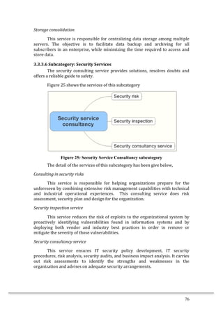 76	
  
Storage	
  consolidation	
  
	
   This	
  service	
  is	
  responsible	
  for	
  centralizing	
  data	
  storage	
  among	
  multiple	
  
servers.	
   The	
   objective	
   is	
   to	
   facilitate	
   data	
   backup	
   and	
   archiving	
   for	
   all	
  
subscribers	
  in	
  an	
  enterprise,	
  while	
  minimizing	
  the	
  time	
  required	
  to	
  access	
  and	
  
store	
  data.	
   	
   	
  
3.3.3.6	
  Subcategory:	
  Security	
  Services	
  
The	
   security	
   consulting	
   service	
   provides	
   solutions,	
   resolves	
   doubts	
   and	
  
offers	
  a	
  reliable	
  guide	
  to	
  safety.	
  
Figure	
  25	
  shows	
  the	
  services	
  of	
  this	
  subcategory	
  
	
  
Figure 25: Security Service Consultancy subcategory
The	
  detail	
  of	
  the	
  services	
  of	
  this	
  subcategory	
  has	
  been	
  give	
  below,	
  
Consulting	
  in	
  security	
  risks	
  
	
   This	
   service	
   is	
   responsible	
   for	
   helping	
   organizations	
   prepare	
   for	
   the	
  
unforeseen	
  by	
  combining	
  extensive	
  risk	
  management	
  capabilities	
  with	
  technical	
  
and	
   industrial	
   operational	
   experiences.	
   	
   This	
   consulting	
   service	
   does	
   risk	
  
assessment,	
  security	
  plan	
  and	
  design	
  for	
  the	
  organization.	
  
Security	
  inspection	
  service	
  
	
   This	
  service	
  reduces	
  the	
  risk	
  of	
  exploits	
  to	
  the	
  organizational	
  system	
  by	
  
proactively	
   identifying	
   vulnerabilities	
   found	
   in	
   information	
   systems	
   and	
   by	
  
deploying	
   both	
   vendor	
   and	
   industry	
   best	
   practices	
   in	
   order	
   to	
   remove	
   or	
  
mitigate	
  the	
  severity	
  of	
  those	
  vulnerabilities.	
  
Security	
  consultancy	
  service	
  
	
   This	
   service	
   ensures	
   IT	
   security	
   policy	
   development,	
   IT	
   security	
  
procedures,	
  risk	
  analysis,	
  security	
  audits,	
  and	
  business	
  impact	
  analysis.	
  It	
  carries	
  
out	
   risk	
   assessments	
   to	
   identify	
   the	
   strengths	
   and	
   weaknesses	
   in	
   the	
  
organization	
  and	
  advises	
  on	
  adequate	
  security	
  arrangements.	
  
 