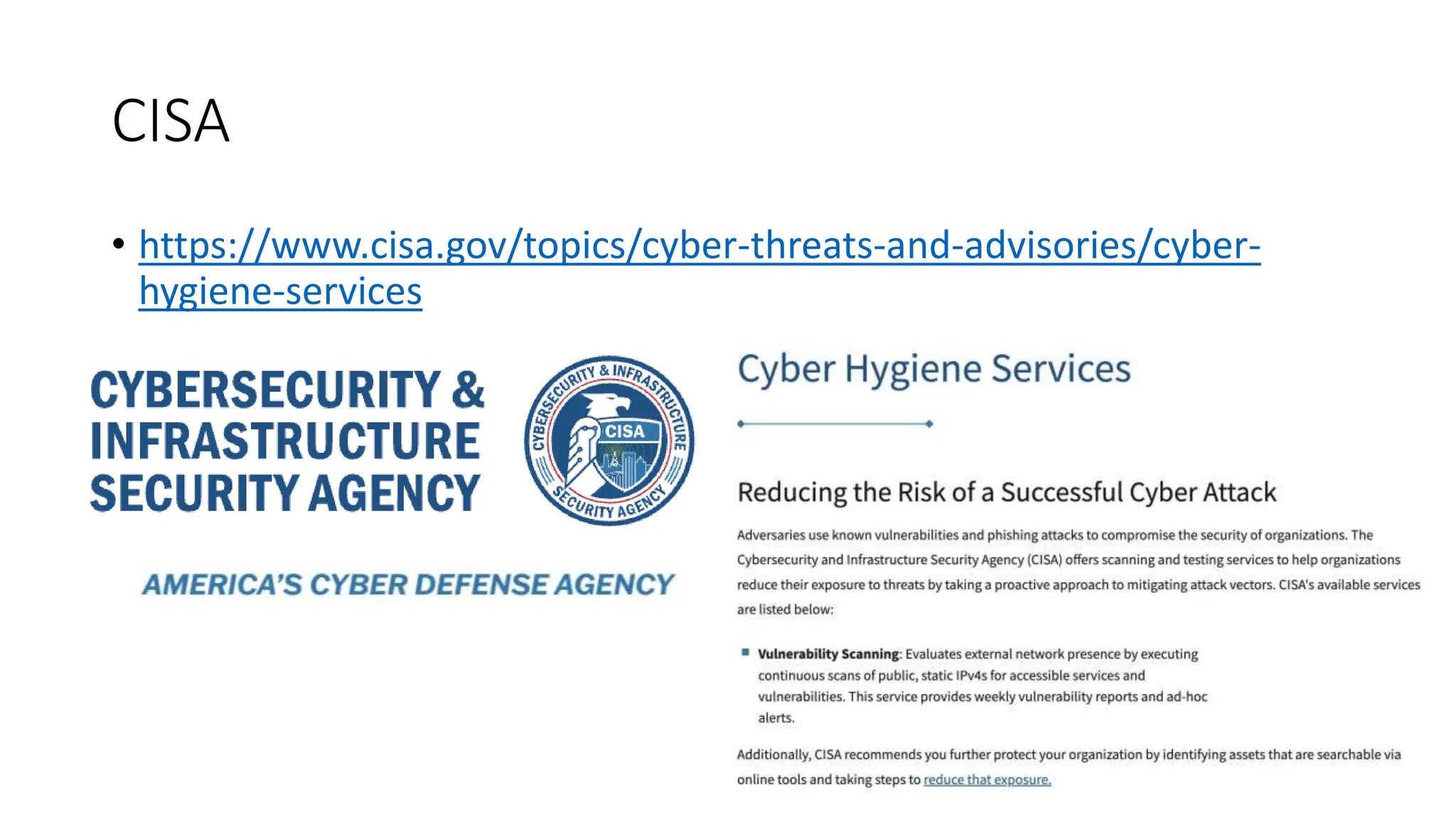 CISA
• https://www.cisa.gov/topics/cyber-threats-and-advisories/cyber-
hygiene-services
 