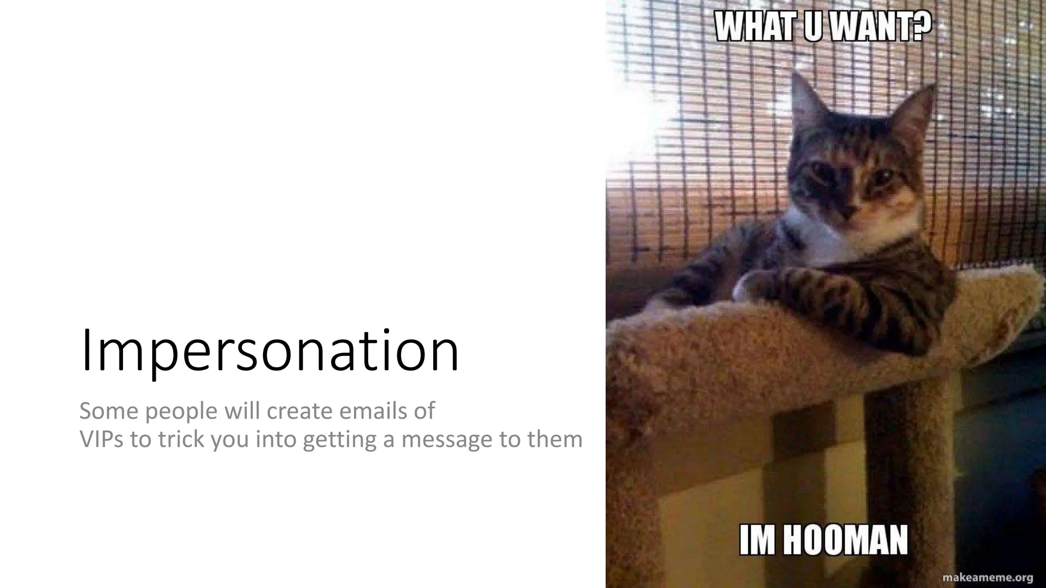 Impersonation
Some people will create emails of
VIPs to trick you into getting a message to them
 