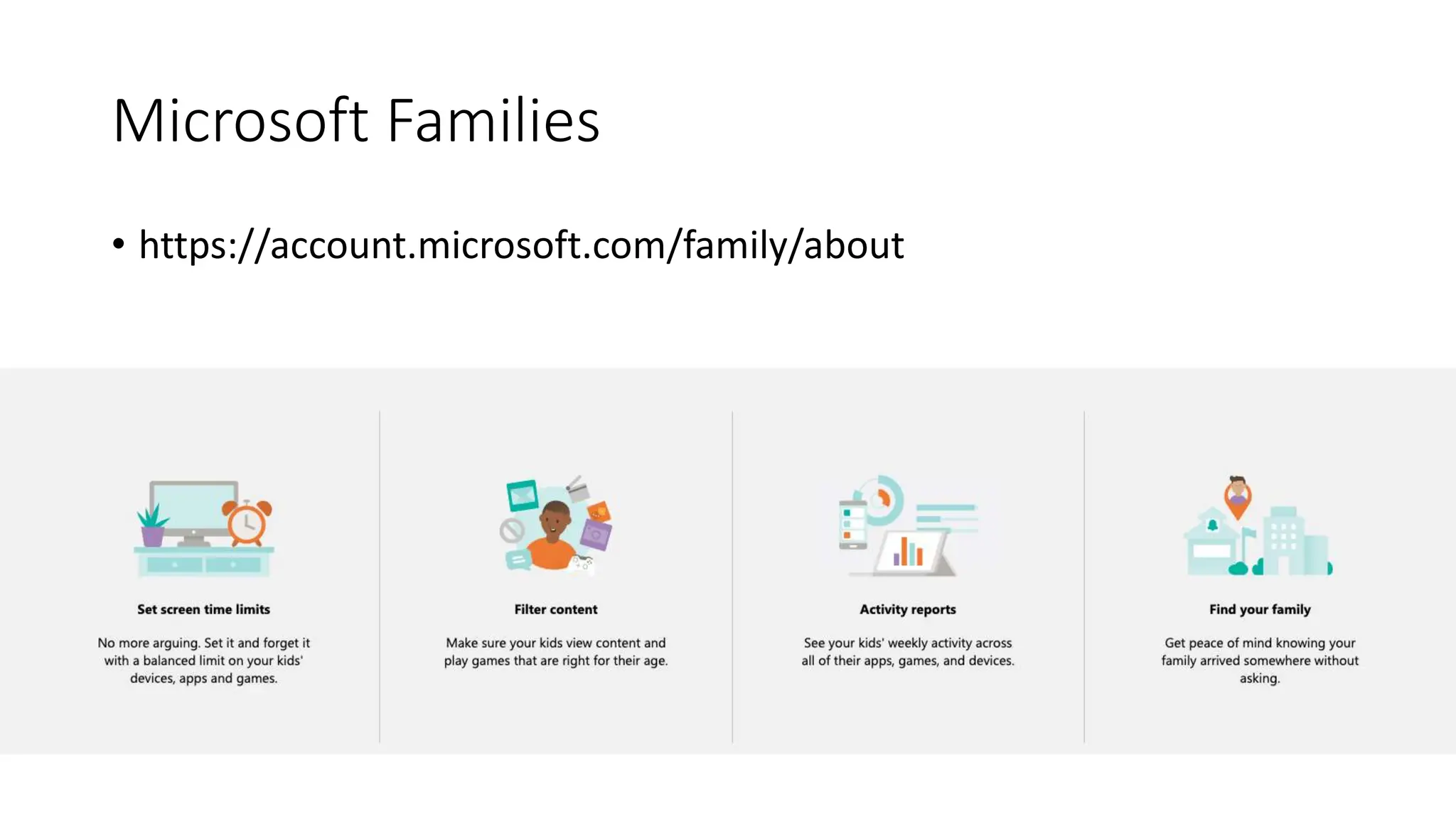 Microsoft Families
• https://account.microsoft.com/family/about
 