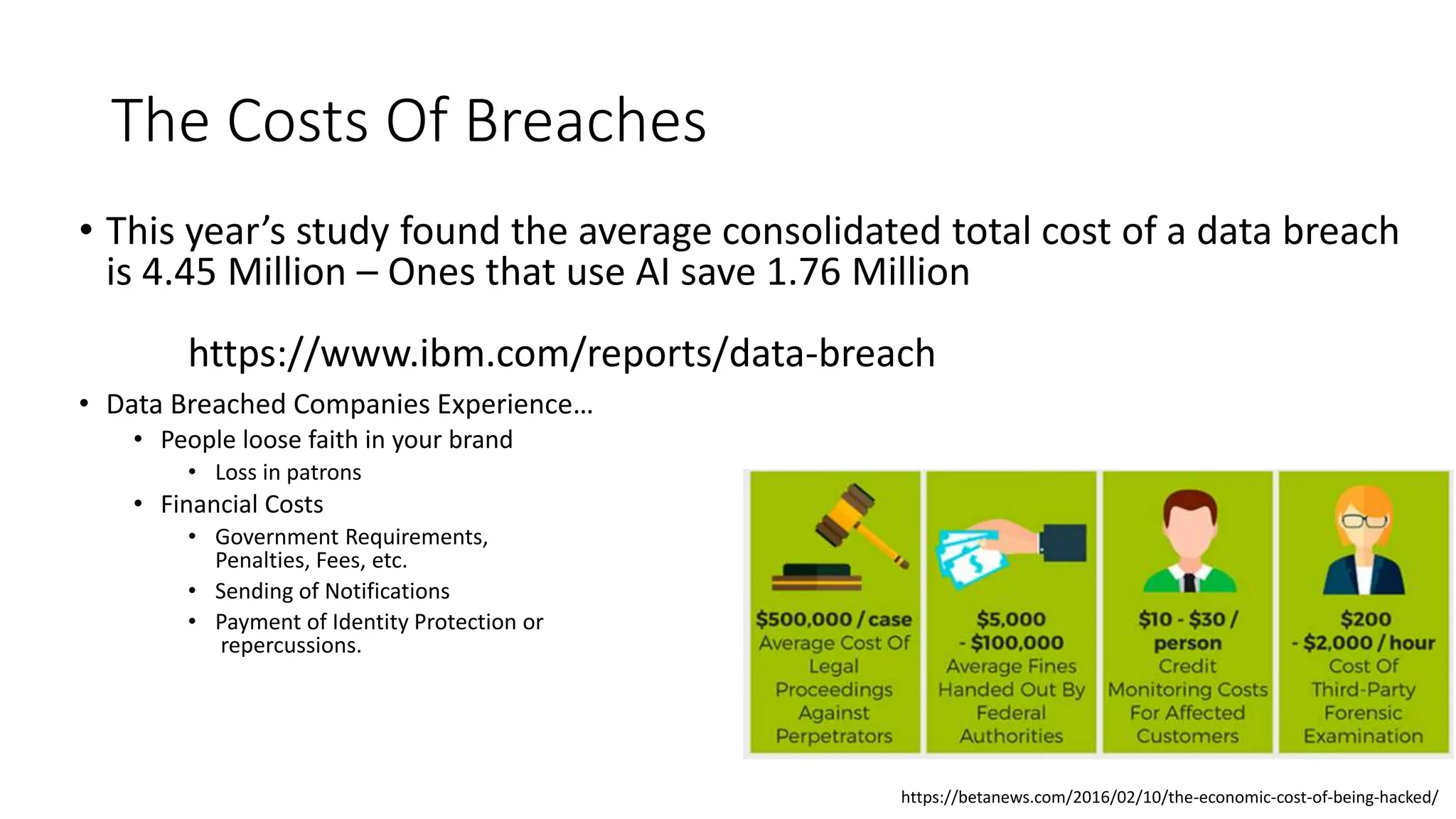 The Costs Of Breaches
• This year’s study found the average consolidated total cost of a data breach
is 4.45 Million – Ones that use AI save 1.76 Million
https://www.ibm.com/reports/data-breach
• Data Breached Companies Experience…
• People loose faith in your brand
• Loss in patrons
• Financial Costs
• Government Requirements,
Penalties, Fees, etc.
• Sending of Notifications
• Payment of Identity Protection or
repercussions.
https://betanews.com/2016/02/10/the-economic-cost-of-being-hacked/
 