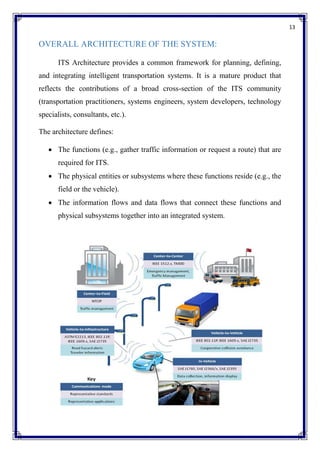 13
OVERALL ARCHITECTURE OF THE SYSTEM:
ITS Architecture provides a common framework for planning, defining,
and integrating intelligent transportation systems. It is a mature product that
reflects the contributions of a broad cross-section of the ITS community
(transportation practitioners, systems engineers, system developers, technology
specialists, consultants, etc.).
The architecture defines:
 The functions (e.g., gather traffic information or request a route) that are
required for ITS.
 The physical entities or subsystems where these functions reside (e.g., the
field or the vehicle).
 The information flows and data flows that connect these functions and
physical subsystems together into an integrated system.
 