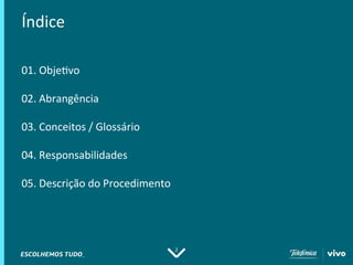 2
Índice
01. Objetivo
02. Abrangência
03. Conceitos / Glossário
04. Responsabilidades
05. Descrição do Procedimento
 