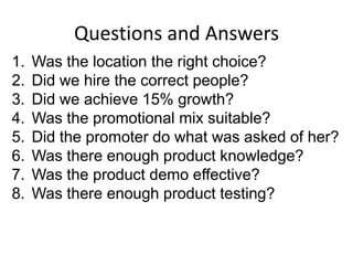 Questions and Answers
1.   Was the location the right choice?
2.   Did we hire the correct people?
3.   Did we achieve 15% growth?
4.   Was the promotional mix suitable?
5.   Did the promoter do what was asked of her?
6.   Was there enough product knowledge?
7.   Was the product demo effective?
8.   Was there enough product testing?
 