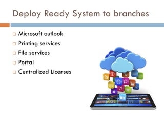 Deploy Ready System to branches
 Microsoft outlook
 Printing services
 File services
 Portal
 Centralized Licenses
 