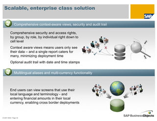 Scalable, enterprise class solution


              Comprehensive context-aware views, security and audit trail

         Comprehensive security and access rights,
         by group, by role, by individual right down to
         cell level
         Context aware views means users only see
         their data – and a single report caters for
         many, minimizing deployment time
         Optional audit trail with date and time stamps


              Multilingual aliases and multi-currency functionality



         End users can view screens that use their
         local language and terminology - and
         entering financial amounts in their local
         currency, enabling cross border deployments



© SAP 2008 / Page 30
 