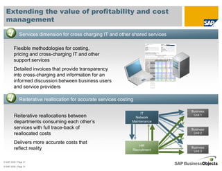 Extending the value of profitability and cost
  management

              Services dimension for cross charging IT and other shared services

         Flexible methodologies for costing,
         pricing and cross-charging IT and other
         support services
         Detailed invoices that provide transparency
         into cross-charging and information for an
         informed discussion between business users
         and service providers

              Reiterative reallocation for accurate services costing

                                                                                   Business
                                                                        IT
         Reiterative reallocations between                          Network
                                                                                    Unit 1

         departments consuming each other’s                        Maintenance
         services with full trace-back of                                          Business
         reallocated costs                                                          Unit 2


         Delivers more accurate costs that
                                                                       HR
         reflect reality                                           Recruitment
                                                                                   Business
                                                                                    Unit 3


© SAP 2008 / Page 31

© SAP 2008 / Page 31
 