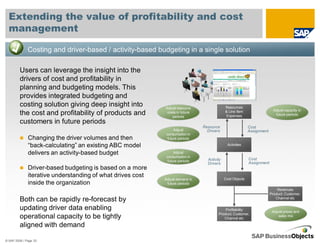 Extending the value of profitability and cost
  management

              Costing and driver-based / activity-based budgeting in a single solution

         Users can leverage the insight into the
         drivers of cost and profitability in
         planning and budgeting models. This
         provides integrated budgeting and
         costing solution giving deep insight into          Adjust resource                 Resources
                                                                                                                          Adjust capacity in
         the cost and profitability of products and          costs in future
                                                                periods
                                                                                            & Line Item
                                                                                            Expenses                       future periods

         customers in future periods
                                                                               Resource                    Cost
                                                                  Adjust         Drivers                   Assignment
                                                             consumption in
              Changing the driver volumes and then            future periods

              “back-calculating” an existing ABC model                                       Activities

              delivers an activity-based budget                   Adjust
                                                             consumption in
                                                                                 Activity                  Cost
                                                              future periods
                                                                                 Drivers                   Assignment
              Driver-based budgeting is based on a more
              iterative understanding of what drives cost                                   Cost Objects
                                                            Adjust demand in
              inside the organization                        future periods
                                                                                                                            Revenues
                                                                                                                        Product, Customer,
         Both can be rapidly re-forecast by                                                                                Channel etc

         updating driver data enabling                                                     Profitability
                                                                                                                         Adjust prices and
                                                                                       Product, Customer,
         operational capacity to be tightly                                               Channel etc
                                                                                                                             sales mix

         aligned with demand

© SAP 2008 / Page 33
 
