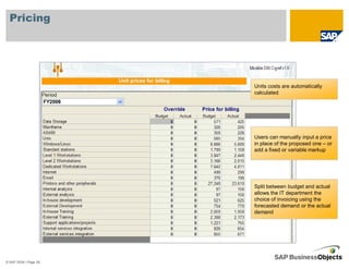 Pricing




                       Units costs are automatically
                       calculated




                       Users can manually input a price
                       in place of the proposed one – or
                       add a fixed or variable markup




                       Split between budget and actual
                       allows the IT department the
                       choice of invoicing using the
                       forecasted demand or the actual
                       demand




© SAP 2008 / Page 58
 