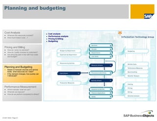 Planning and budgeting



  Cost Analysis
      What are the resources involved?
      How much does it cost…?




  Pricing and Billing
      How do I price my services?
      How do I justify invoices to customers?
      Are amounts paid in line with true costs
      and budget?




  Planning and Budgeting
      Based on forecast volumes and service
      levels, what resources do I need?
      If the demand changes, how quickly can
      I reforecast?




  Performance Measurement
      Which indicator shall we use?
      What did we improve?
      How do we perform compared to others?




© SAP 2008 / Page 61
 