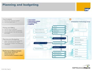 Planning and budgeting



  Cost Analysis
      What are the resources involved?
      How much does it cost…?




  Pricing and Billing
      How do I price my services?
      How do I justify invoices to customers?
      Are amounts paid in line with true costs
      and budget?




  Planning and Budgeting
      Based on forecast volumes and service
      levels, what resources do I need?
      If the demand changes, how quickly can
      I reforecast?




  Performance Measurement
      Which indicator shall we use?
      What did we improve?
      How do we perform compared to others?




© SAP 2008 / Page 64
 