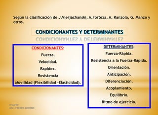Según la clasificación de J.Vierjachanski, A.Forteza, A. Ranzola, G. Manzo y
otros.
CONDICIONANTES:
Fuerza.
Velocidad.
Rapidez.
Resistencia
Movilidad (Flexibilidad -Elasticidad).
DETERMINANTES:
Fuerza-Rápida.
Resistencia a la Fuerza-Rápida.
Orientación.
Anticipación.
Diferenciación.
Acoplamiento.
Equilibrio.
Ritmo de ejercicio.
CONDICIONANTES Y DETERMINANTES
ITSHCPP
MSC. FREDDY MORENO
 