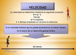 VELOCIDAD
Es la velocidad máxima que se puede alcanzarse en el menor tiempo,
en el marco de un desarrollo gestual cíclico.
50 metros
La velocidad se determina mediante la siguiente ecuación:
V = e / t
Donde:
e = a espacio
t = tiempo empleado en recorrer la distancia.
ITSHCPP
MSC. FREDDY MORENO
 