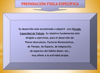 PREPARACIÓN FÍSICA ESPECÍFICA
Su desarrollo está encaminado a adquirir una Elevada
Capacidad de Trabajo. Su objetivo fundamental está
dirigido a ejercicios, para el desarrollo de:
Planos Musculares, Factores Biomecánicos,
de Tiempo, de Espacio, de Adaptación,
de Aspectos del Hábito Motor, etc.,
muy afines a la actividad propia.
ITSHCPP
MSC. FREDDY MORENO
 