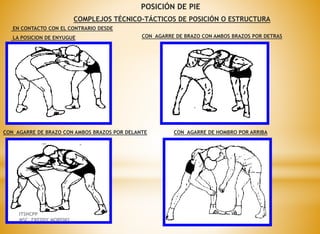 COMPLEJOS TÉCNICO-TÁCTICOS DE POSICIÓN O ESTRUCTURA
POSICIÓN DE PIE
EN CONTACTO CON EL CONTRARIO DESDE
LA POSICION DE ENYUGUE CON AGARRE DE BRAZO CON AMBOS BRAZOS POR DETRAS
CON AGARRE DE BRAZO CON AMBOS BRAZOS POR DELANTE CON AGARRE DE HOMBRO POR ARRIBA
ITSHCPP
MSC. FREDDY MORENO
 