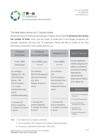 The table below shows our IT service modes
Besides annual and monthly service package, ITsidekick also provides IT service by hour and by
the number of times, which suits the needs of small-sized or low-budget companies (for
example, companies with less than 10 employees). Please feel free to contact us for more
information to choose the most suitable mode for you.
We serve people, Not computers.
3 / 4
Other IT Services
Domain registration,
website designing and
setting up, enterprise
email account setting,
data recovery,
network devices
rental, network setting
up for offices, etc.
charge by hour
From 8000
On workdays:
200
CNY/hour/person
(counting less than 1
hour as 1 hour);
At least 40 hours to
serve;
Charge by
the number of times
From 6500 yuan
(10 times) (40 hours)
On workdays:
650 CNY/time/person
(At most 8 hours for
one time)
At least 10 times to
serve；
Charge by
Month/year
From 2600
CNY/month
On workdays:
Desktop PC: 100
CNY/PC/month;
Server：200
CNY/PC/month;
1-2 routine
maintenance every
month;
Unlimited respondings.
1. Provide 24/7
phone supporting
2. At least 12 months
to serve
备注：1. No responds to unsigned customers
2. Tax is covered in the charges and invoices could be provided
3. The price is valid before December 12th, 2015
Solutions
1. VAT Invoice Management
Solutions
2. IT Assets Management
3. Human Resource
Management System
4. Assembly Line
Barcode System
5. Sample Management
System
Please contact us if you need the Chinese version materials.
如果您需要中文版的介绍资料，请与我们联系。
1. Provide 24/7
phone supporting
2. At least 12 months
to serve
1. Provide 24/7
phone supporting
2. At least 12 months
to serve
TEL：021-60487602
021-60487605
www.ITSidekick.cn
 