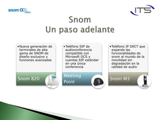 •Nueva generación de   •Teléfono SIP de        •Teléfono IP DECT que
 terminales de alta     audioconferencia        expande las
 gama de SNOM de        compatible con          funcionalidades de
 diseño exclusivo y     Microsoft OCS y         snom al mundo de la
 funciones avanzadas    cuentas SIP estándar    movilidad sin
                        en una única            degradación en la
                        conferencia             calidad de audio

                       Meeting
Snom 820                                       Snom M3
                       Point
 