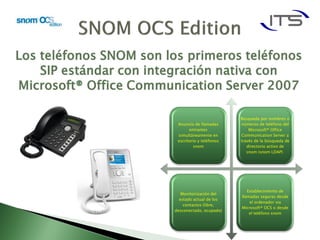Búsqueda por nombres o
 Anuncio de llamadas      números de teléfono del
       entrantes              Microsoft® Office
 simultáneamente en       Communication Server a
 escritorio y teléfonos   través de la búsqueda de
         snom                directorio activo de
                             snom (snom LDAP)




                             Establecimiento de
   Monitorización del
                          llamadas seguras desde
  estado actual de los
                              el ordenador via
    contactos (libre,
                          Microsoft® OCS o desde
desconectado, ocupado)
                              el teléfono snom
 