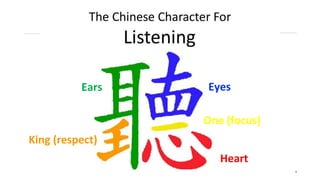 4
Ears
King (respect)
Eyes
One (focus)
Heart
 