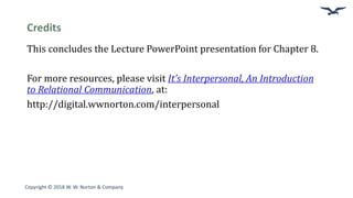 Credits
This concludes the Lecture PowerPoint presentation for Chapter 8.
For more resources, please visit It’s Interpersonal, An Introduction
to Relational Communication, at:
http://digital.wwnorton.com/interpersonal
Copyright © 2018 W. W. Norton & Company
 